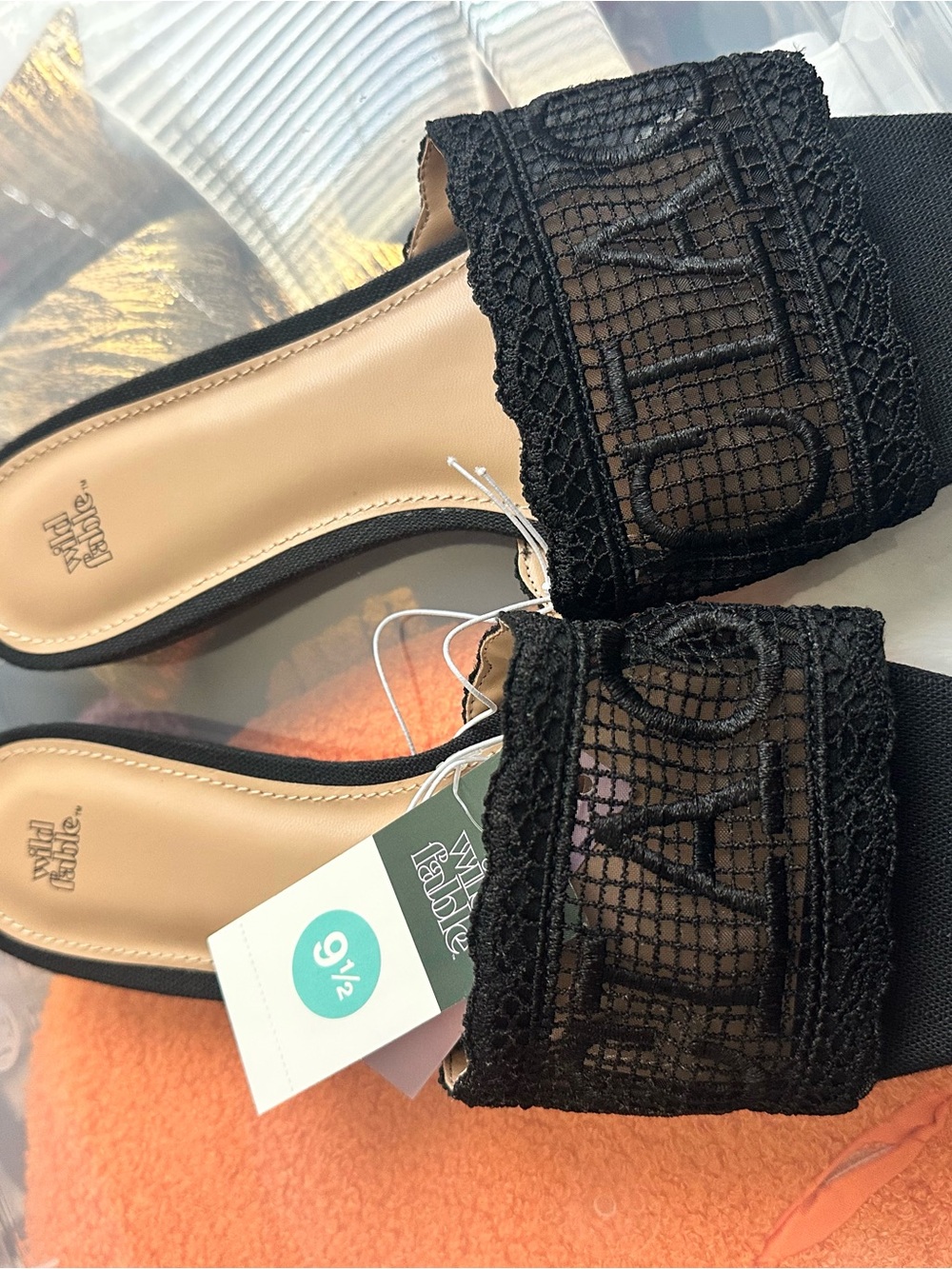 NWT Wild Fable: Black Lace Slide Sandals - 9½ (Memory Foam)